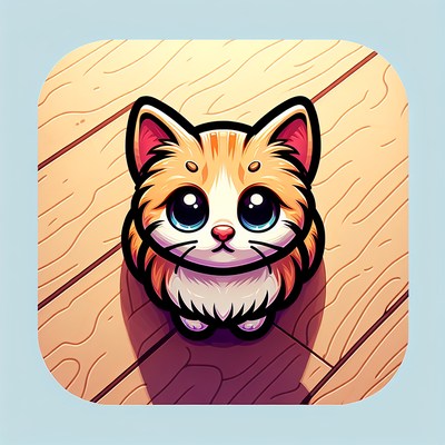 A cute, cartoon cat sits on a wooden floor