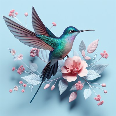 Hummingbird sits on a pink flower in blue blooms