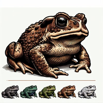A large brown toad sits on a white background
