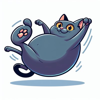 A cartoon cat with a big belly is flying through the air