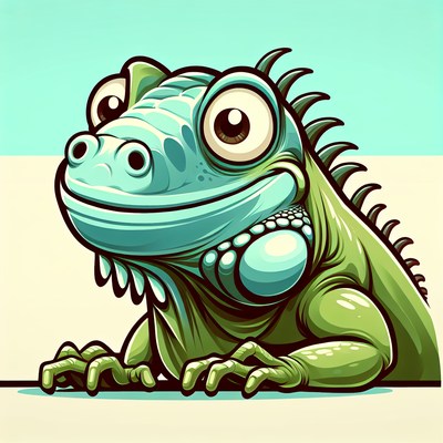 A cartoon iguana smiles for the camera