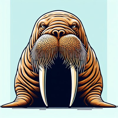 A walrus with long tusks stares intently at the camera