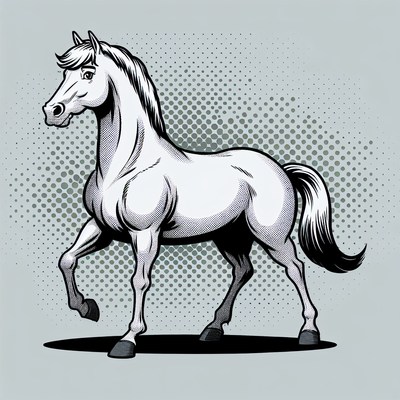 A white horse stands on a gray background