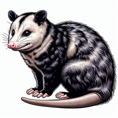 A virginia opossum sits on a white background