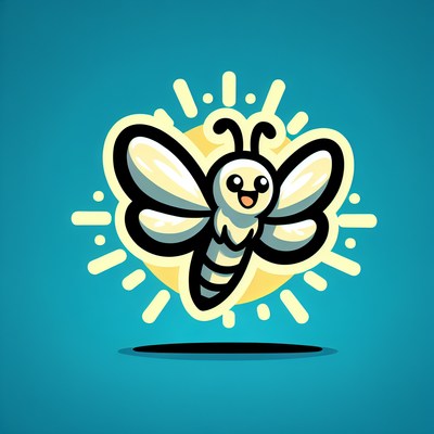 A happy cartoon bee flies in front of the sun