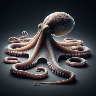 An octopus with eight tentacles curls on a dark background