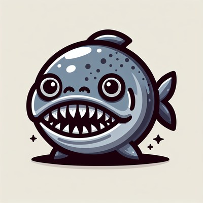 A cartoon fish with large teeth smiles