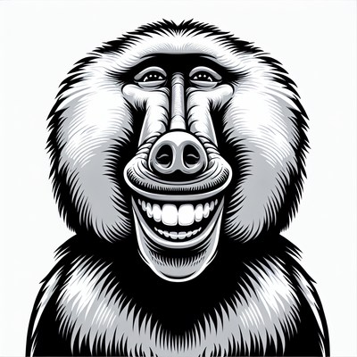 A baboon smiles broadly at the camera