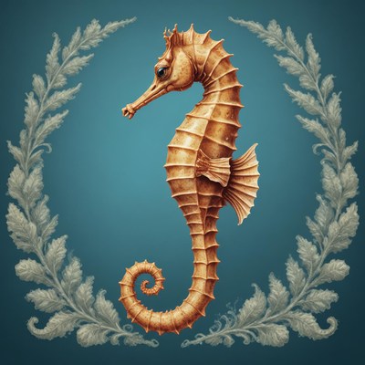 A seahorse swims through the water, surrounded by foliage
