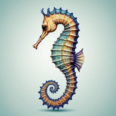 A blue and yellow seahorse swims in the ocean