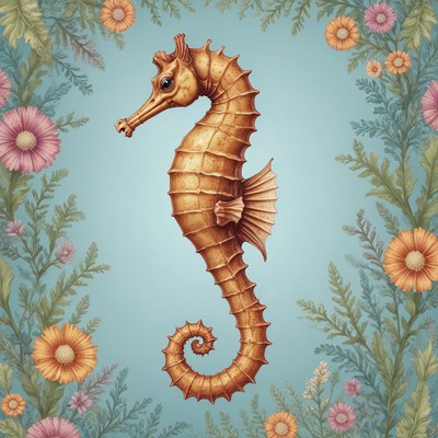 A detailed illustration of a seahorse surrounded by flowers