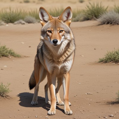 A coyote stands on a sandy path in a desert environment