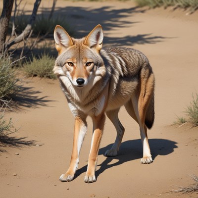 A coyote walks on a sandy path