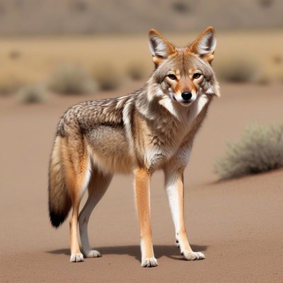 A coyote stands in a desert environment