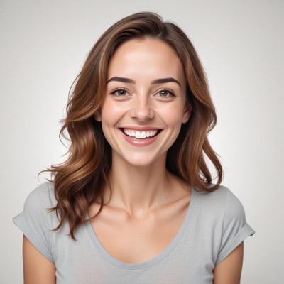 A woman smiles brightly in a studio setting