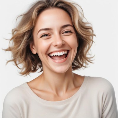 A woman with short, wavy hair laughs brightly