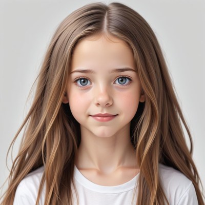A young girl with long brown hair smiles at the camera