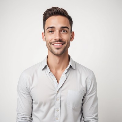 A man smiles in a white shirt