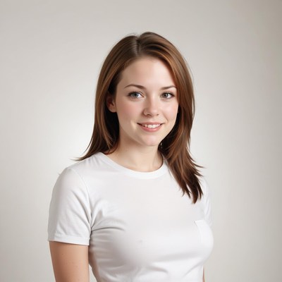 A woman smiles while wearing a white shirt