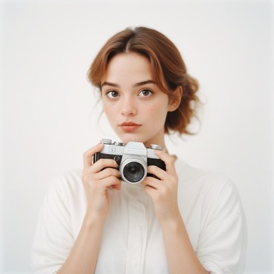 A woman holds a camera in front of her face