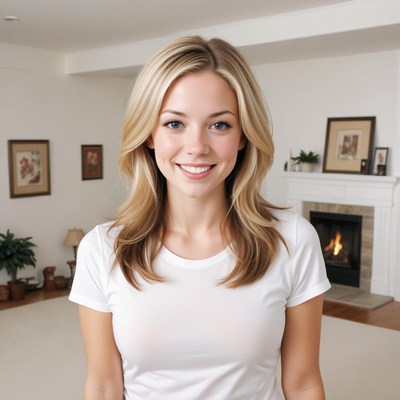 A woman smiles in a white shirt by a fireplace