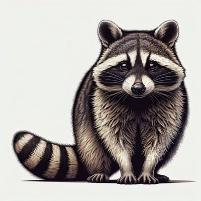 A raccoon sits on a white background