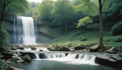 A waterfall flows through a lush forest