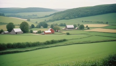 Red barns on a valley farm in rolling hills