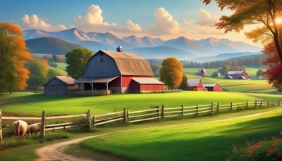 Red barn on green hill with snowy mountains