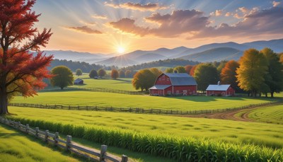 A red barn rests in a valley at sunrise