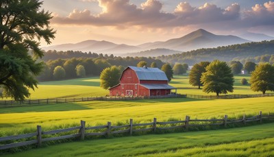 Red barn in green field with rolling hills