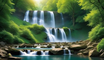 A lush waterfall cascades through a green forest
