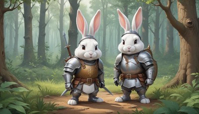 Two rabbits in armor stand in a forest