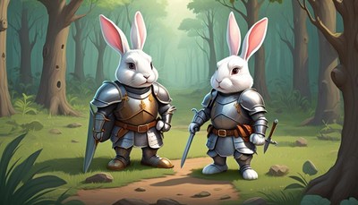 Two rabbit knights stand guard in a forest clearing