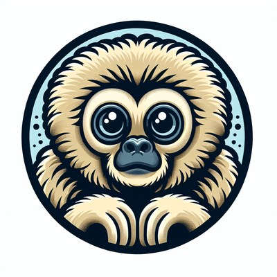 A cute baby gibbon with big eyes stares into the camera