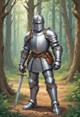 A knight stands in a forest, ready for battle