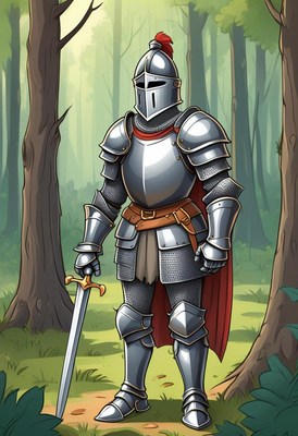 A knight stands in a forest, holding a sword