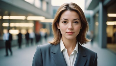 A woman in a suit stands in a hallway