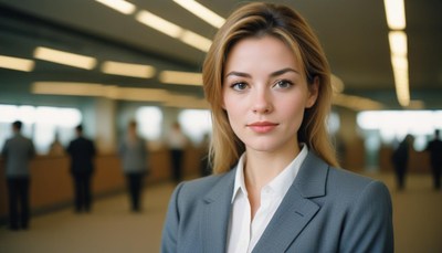 A woman in a suit smiles at the camera in an office building