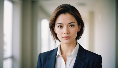 A woman in a blue blazer stands in a hallway