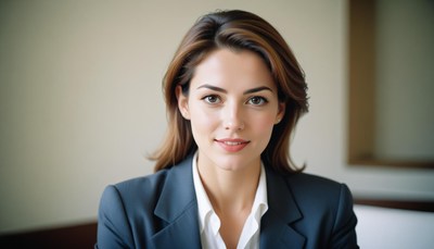 A woman in a blue blazer smiles at the camera