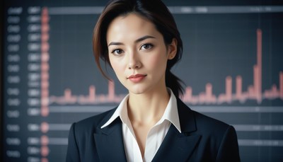 A businesswoman stands in front of a stock market chart