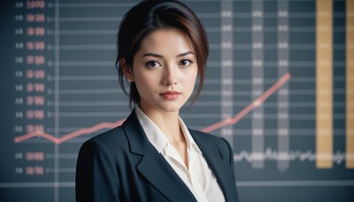 A woman in a suit stands in front of a chart
