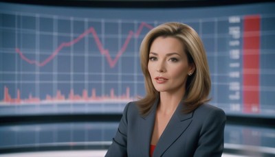 A woman in a suit reports on financial news