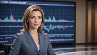 Woman in a suit poses by a stock chart