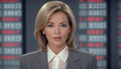 A news anchor delivers the news in front of a stock ticker