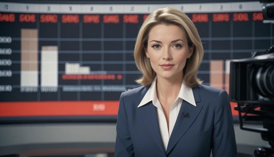 Businesswoman reports news by a financial screen