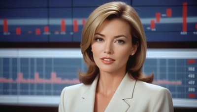 Woman in white blazer poses by stock ticker