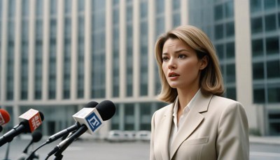 A woman speaks to reporters outside a building