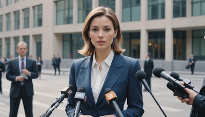 Woman in blue suit talks to reporters outside
